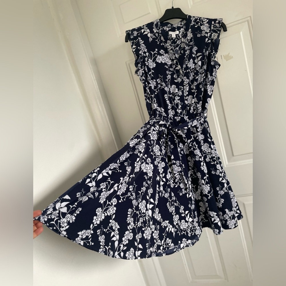 Charter Club Women’s Floral Ruffle Flutter Sleeve Belted Dress 8P DARK BLUE.